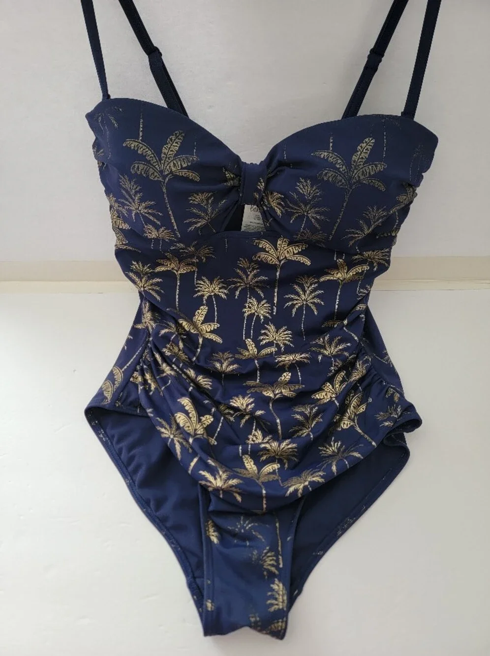 Boden  Navy Blue Gold Foil Palm Tree One Piece Swimsuit Halter Keyhole Sz 10